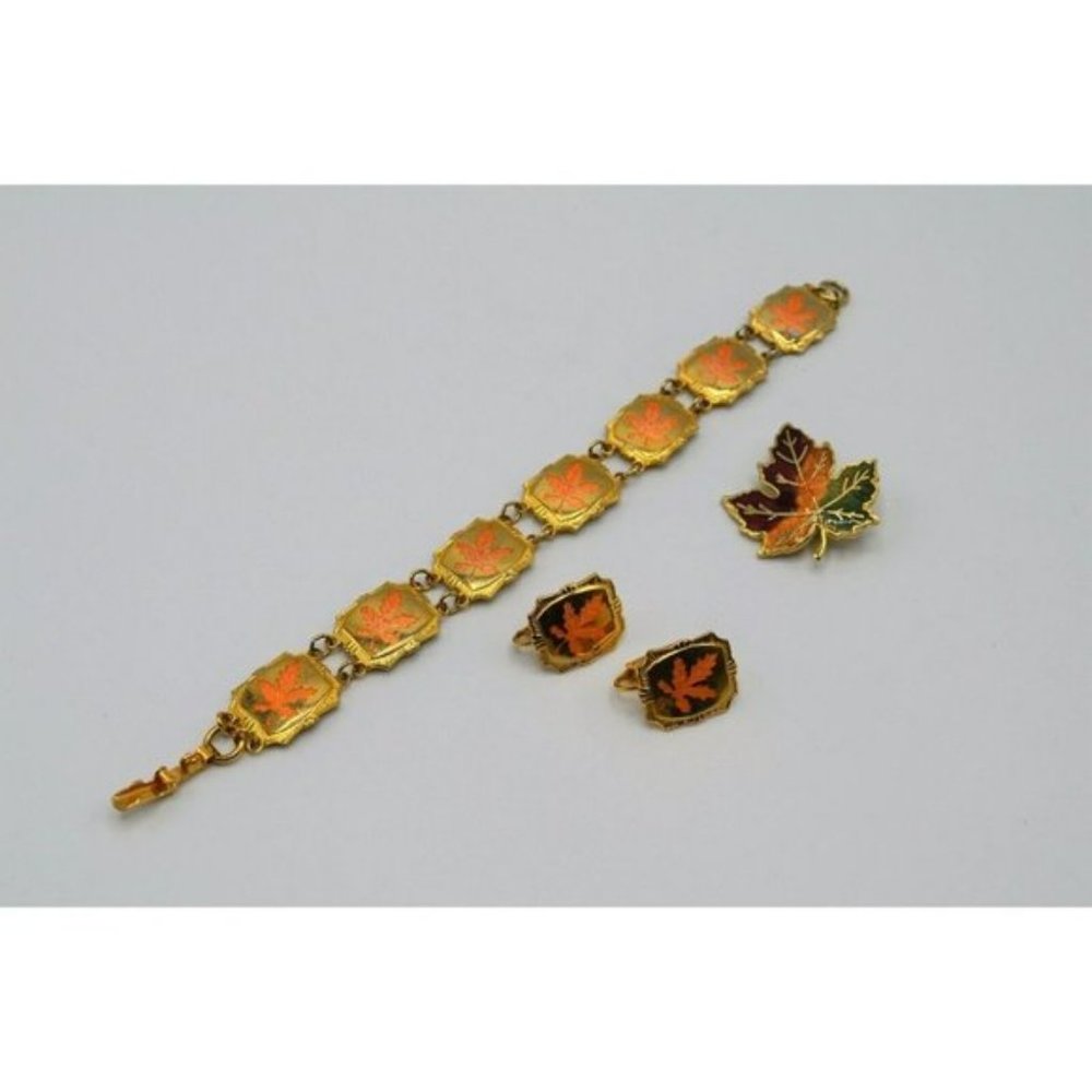 Maple Leaf Brooch Clip On Earrings Bracelet  Enamel Gold Tone Vtg Jewelry